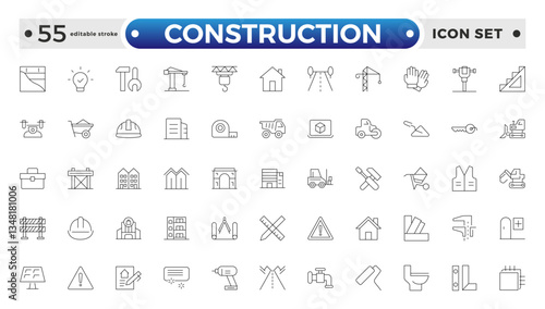 Construction outline icon collection set. Containing building, project, skyscraper, crane, build, equipment, prepared icon. Editable stroke outline icon. 
