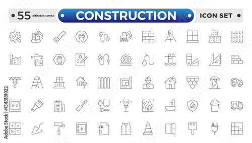 Construction outline icon collection set. Containing building, project, skyscraper, crane, build, equipment, prepared icon. Editable stroke outline icon. 
