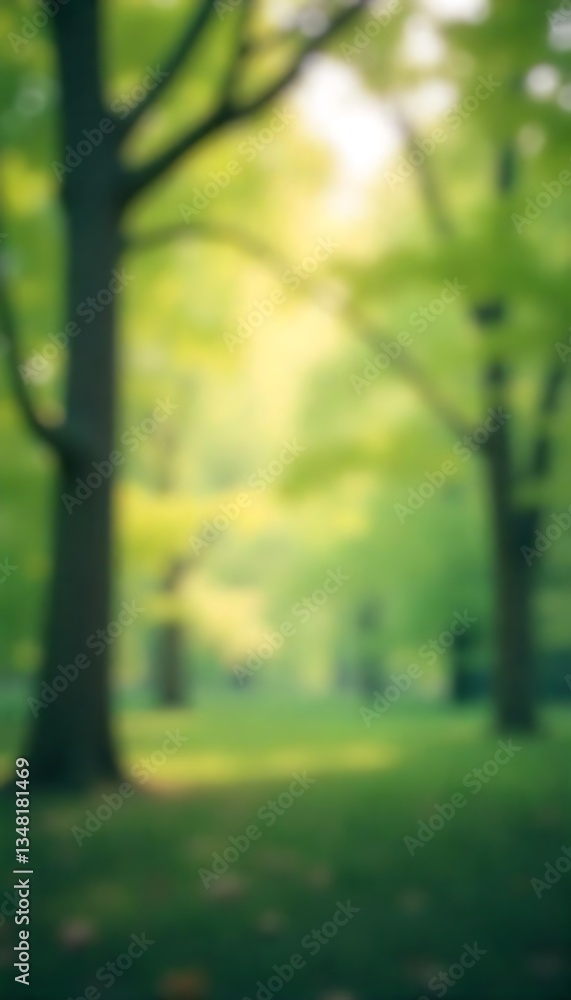 Fototapeta premium Generative AI Blurry Green Park Scene with Sunlight Filtering Through Trees