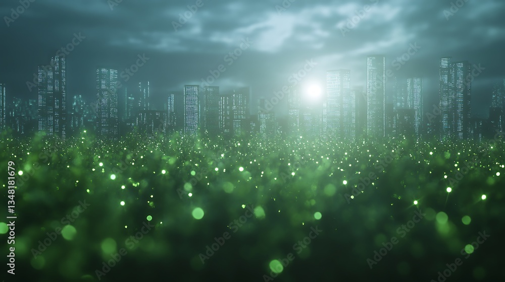 Fototapeta premium Futuristic cityscape with a green, illuminated foreground under a cloudy sky.