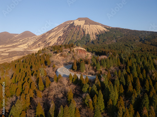 Aerial view of Aso Kuju National Park in Kumamoto Prefecture, Kyushu, Japan