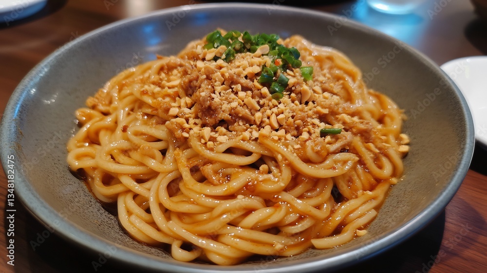 Chinese dan dan noodles tossed a spicy Sichuan sauce topped with minced pork and crushed peanuts Chinese dan dan noodles tossed a spicy Sichuan sauce topped with minced pork and crushed peanuts