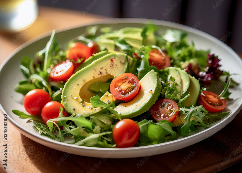 Fresh Mixed Green Salad with Avocado, Tomatoes, and Olive Oil in Natural Light on White Plate Fresh Mixed Green Salad with Avocado, Tomatoes, and Olive Oil in Natural Light on White Plate