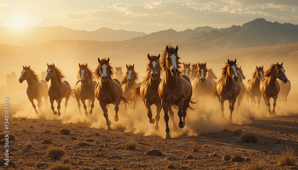 Fototapeta premium Wild Horses Running Freely Across Dusty Plains During Golden Sunset Hour