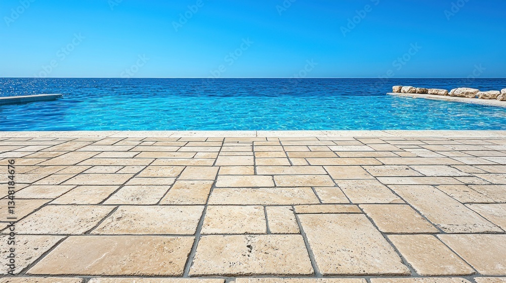 Fototapeta premium Infinity pool merges into the blue ocean under a clear sky, stone tiled deck