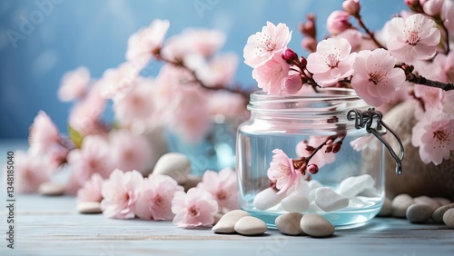 Wallpaper Mural A close-up view of delicate pink cherry blossom flowers arranged alongside a small glass jar containing a white, Torontodigital.ca