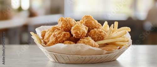 Crispy Fried Chicken with Golden Fries in a Paper Basket