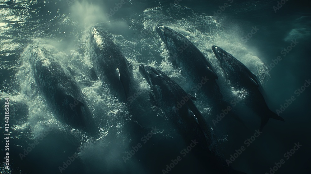 Fototapeta premium Humpback whales swimming in dark ocean waters with splashes around them during twilight hours