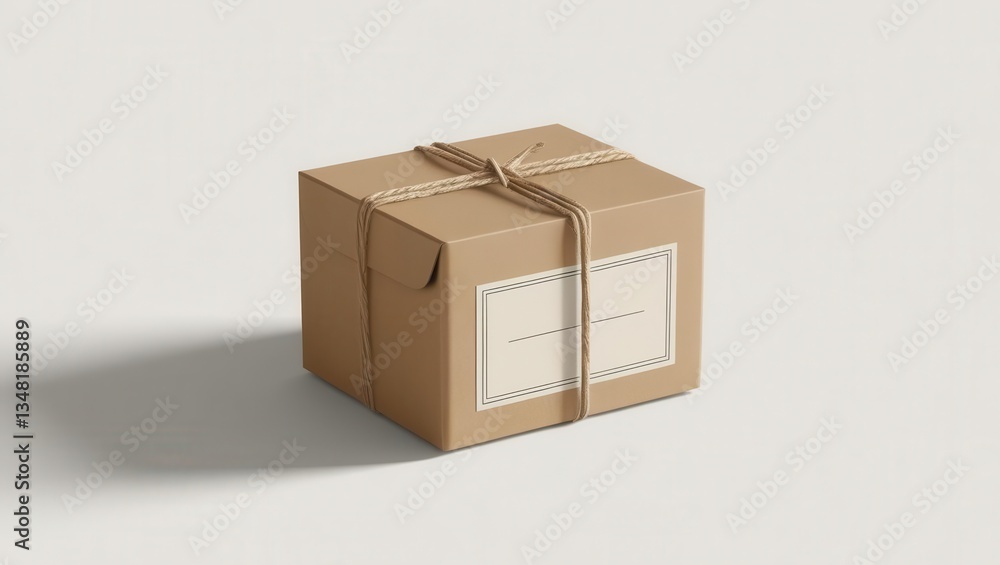 Obraz premium Brown cardboard box tied with string, casting a subtle shadow.