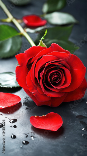 Red rose with water drops on black background symbolizing love and beauty