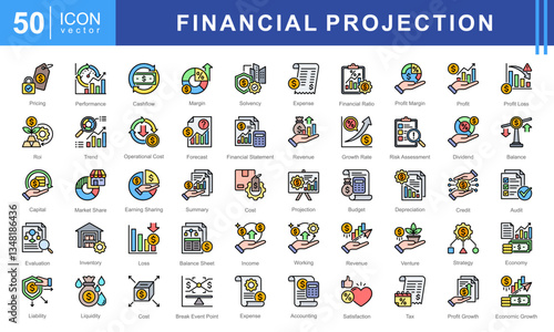 Financial Projection icon set featuring icons for budgeting, profit analysis, financial forecasting, and economic growth. Ideal for business planning, accounting, and investment strategies.