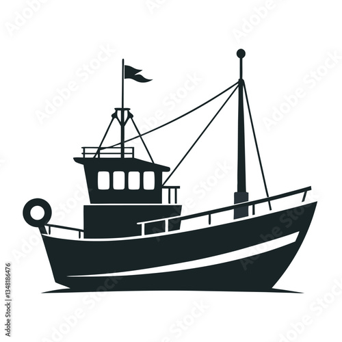 Black Fishing Boat Silhouette Vector Illustration