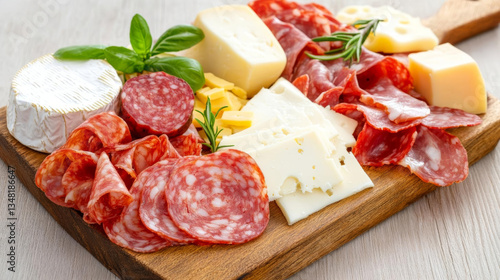 Delicious charcuterie board with assorted meats and cheeses, garnished with herbs