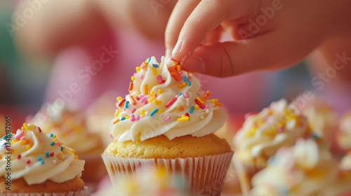 Delightful cupcakes with colorful sprinkles being decorated by child hand