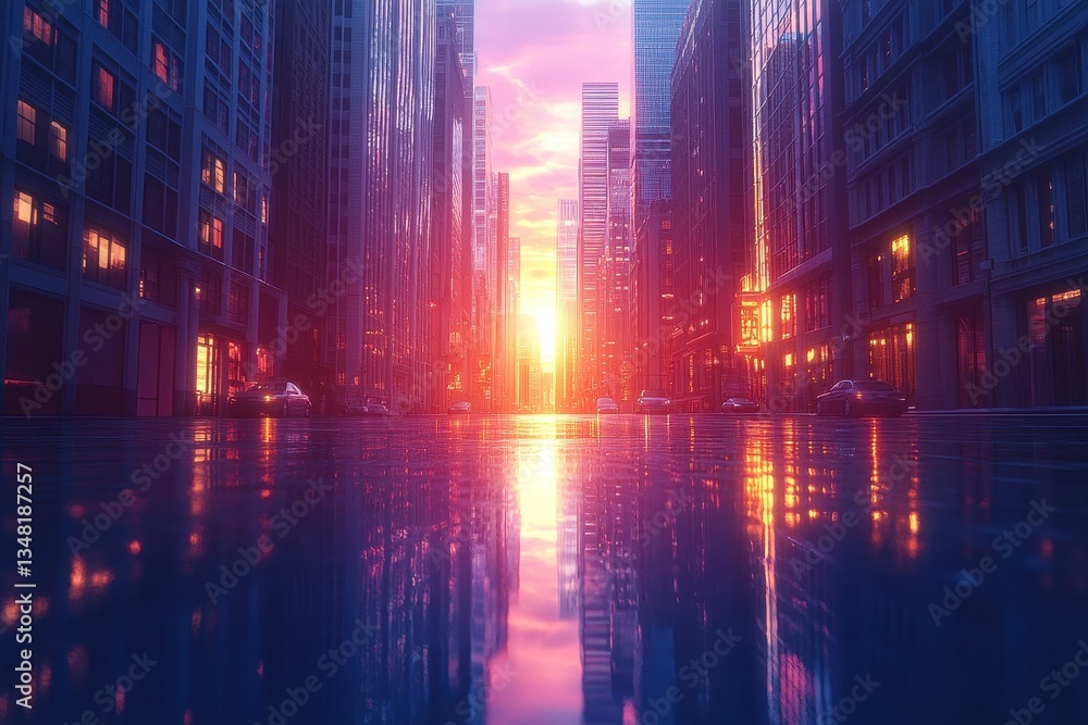 Obraz premium Sunset reflections in a city street with skyscrapers and glowing buildings