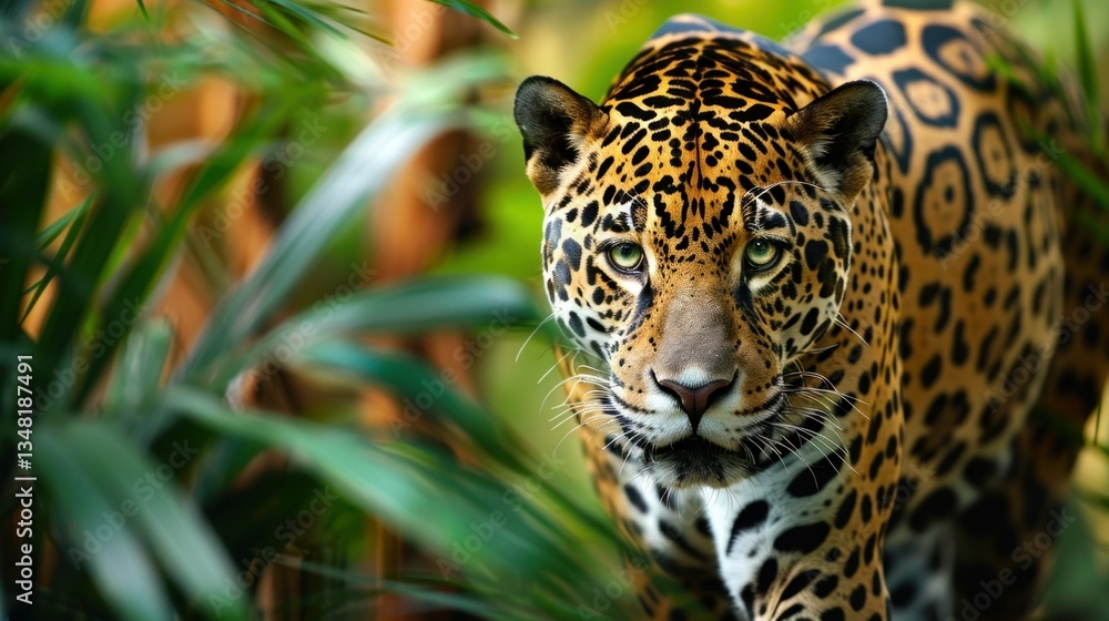 A beautiful jaguar walking through the jungle with vibrant foliage. A beautiful jaguar walking through the jungle with vibrant foliage.