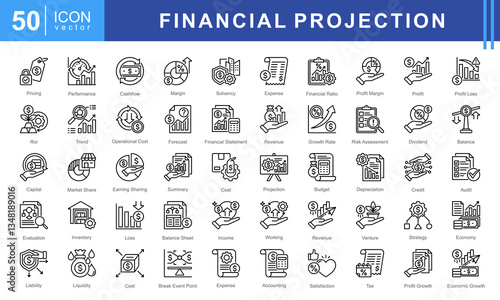 Financial Projection icon set featuring icons for budgeting, profit analysis, financial forecasting, and economic growth. Ideal for business planning, accounting, and investment strategies.