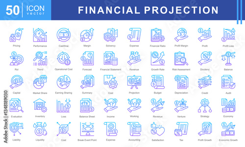 Financial Projection icon set featuring icons for budgeting, profit analysis, financial forecasting, and economic growth. Ideal for business planning, accounting, and investment strategies.
