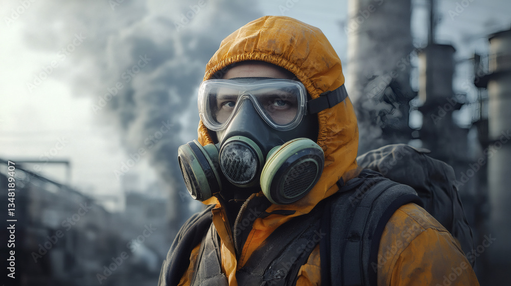 Man in Yellow Hazmat Suit with Gas Mask Stands Defiant Amidst Factory Smoke and Post Apocalyptic Dystopian Backdrop Man in Yellow Hazmat Suit with Gas Mask Stands Defiant Amidst Factory Smoke and Post Apocalyptic Dystopian Backdrop