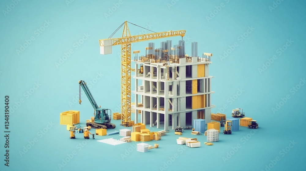 Miniature Construction Site: Building and Crane on a Blue Background Miniature Construction Site: Building and Crane on a Blue Background