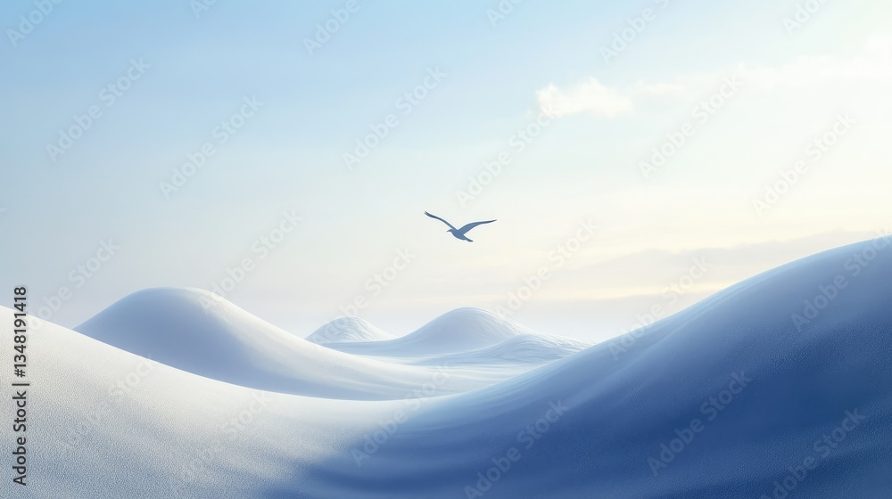 Naklejka premium Serene Winter Landscape: A Solitary Bird Soaring Over Snow-Covered Hills