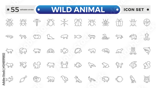Wild animals outline Icons set. Vector illustration in modern thin line style of fauna related icons: farm, domestic, and more. Editable stroke outline icon. 
