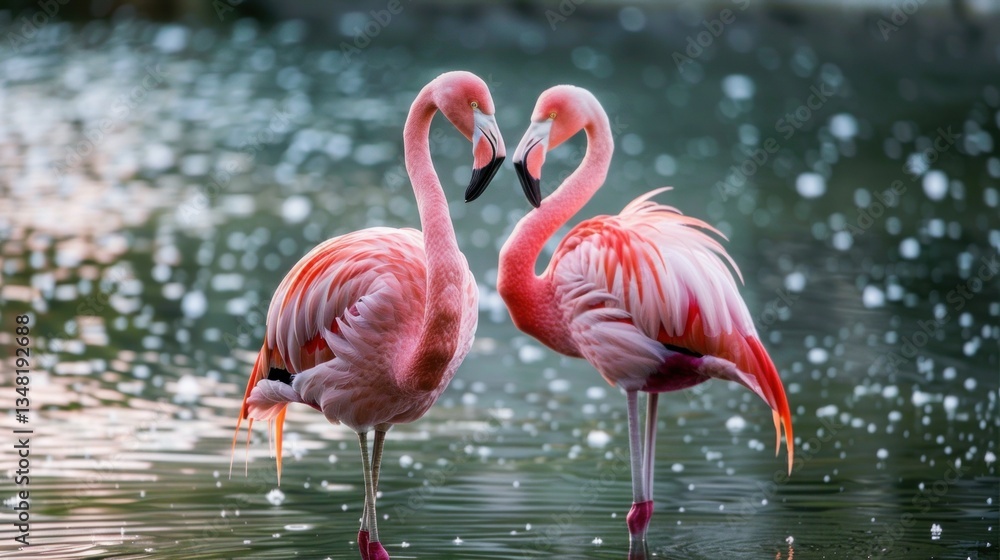 Fototapeta premium A pair of flamingos standing in a serene lagoon.