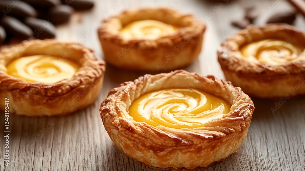 Chinese egg tarts flaky pastry and creamy custard filling displayed on a wooden table for a dessert spread Chinese egg tarts flaky pastry and creamy custard filling displayed on a wooden table for a dessert spread