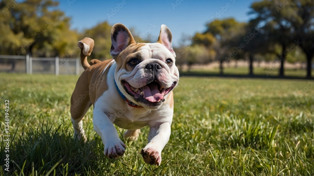 Chasing Joy: Playful Bulldog Takes on the Frisbee in the Park Chasing Joy: Playful Bulldog Takes on the Frisbee in the Park
