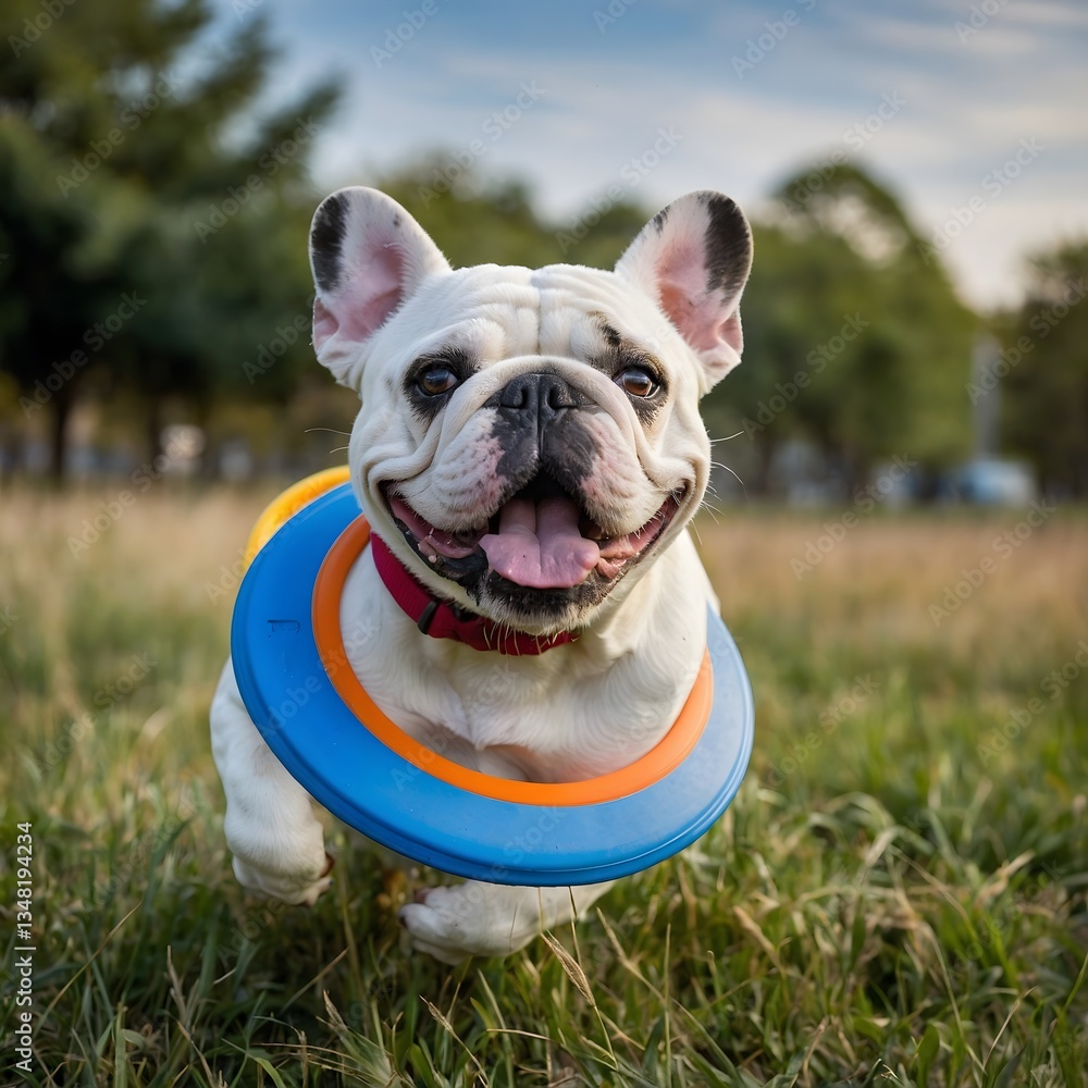 Fototapeta premium Sky-High Fun: Bulldog Leaps for the Frisbee Under a Clear Blue Sky
