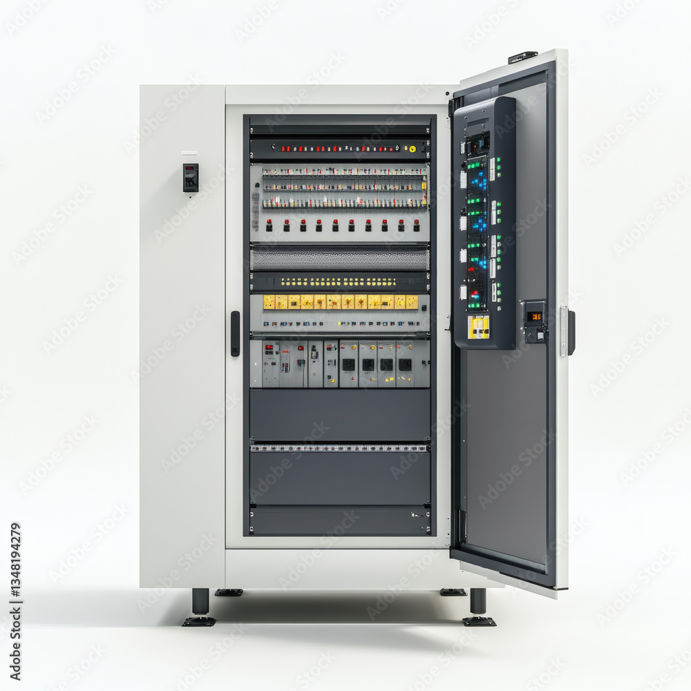 Open Electrical Control Panel System with Gray and White Color Scheme on White Background Open Electrical Control Panel System with Gray and White Color Scheme on White Background