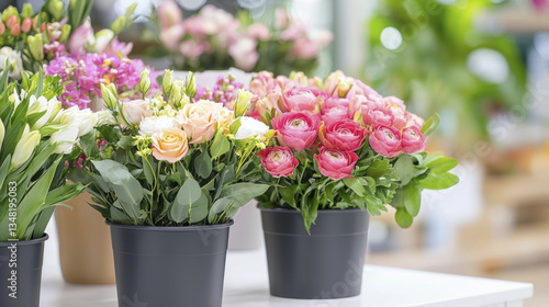 Wallpaper Mural Beautiful floral arrangements in pots, featuring pink and white flowers, create vibrant atmosphere Torontodigital.ca