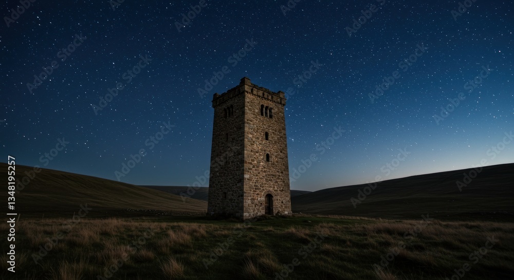 Stone Tower Under Starry Night Sky in Rural Landscape Stone Tower Under Starry Night Sky in Rural Landscape
