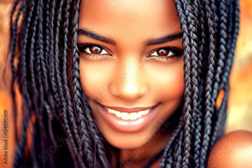Long coiffure - braids hair. Commercial commercial visual idea. Pretty happy black girl - for ads, advertisement and web marketing use. Afro-american advertising concept. Glam black model.