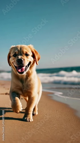 Happy puppy running along the beach, enjoying a sunny day by the ocean shoreline