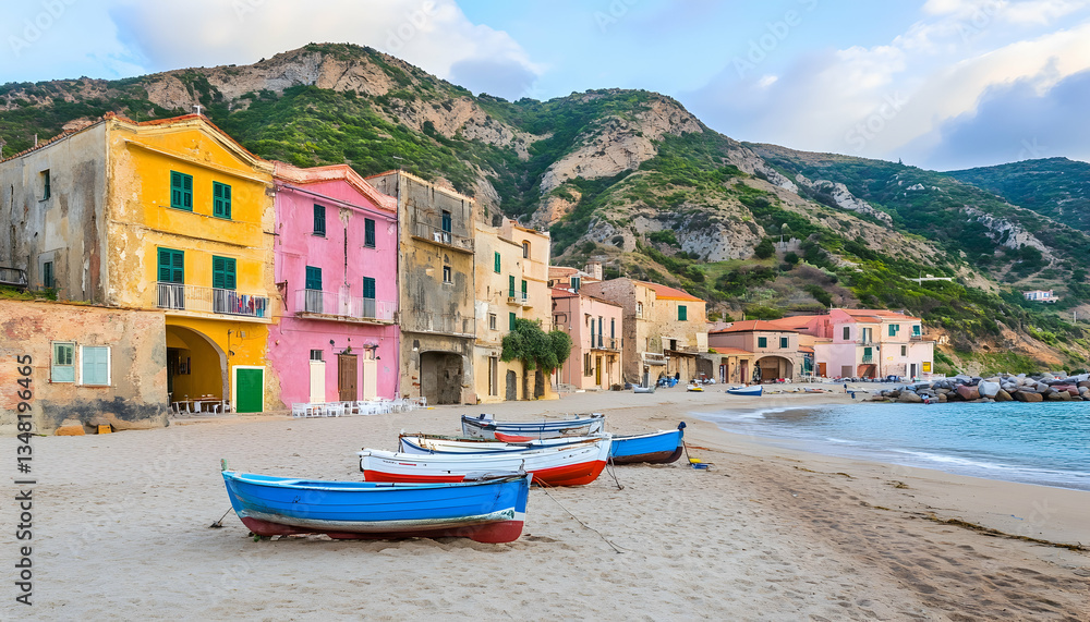 Fototapeta premium Colorful houses on a beach in Italy, fishing boats, tranquil scene, coastal village, Mediterranean Sea, idyllic setting.