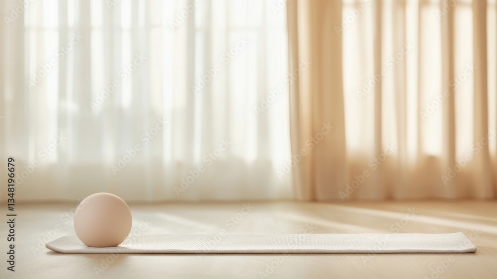 A serene yoga space featuring a rolled mat and a yoga ball, illuminated by soft natural light streaming through sheer curtains. A serene yoga space featuring a rolled mat and a yoga ball, illuminated by soft natural light streaming through sheer curtains.