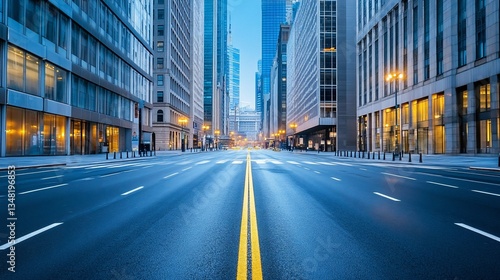 Empty city street at dawn with office buildings, urban landscape