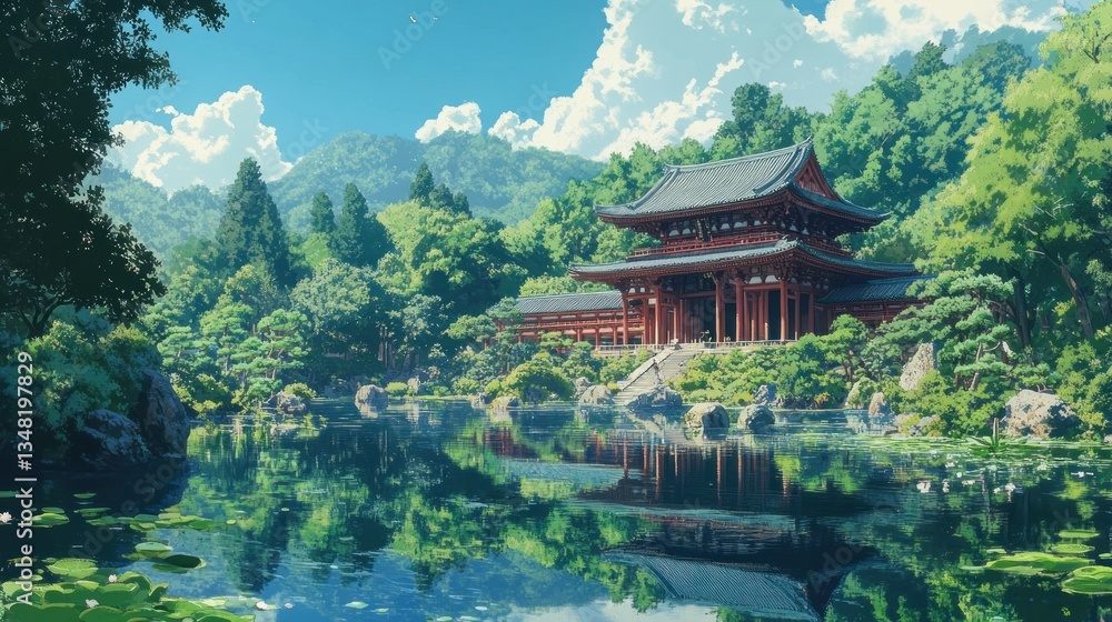 Fototapeta premium Tranquil Japanese Temple by a Serene Lake