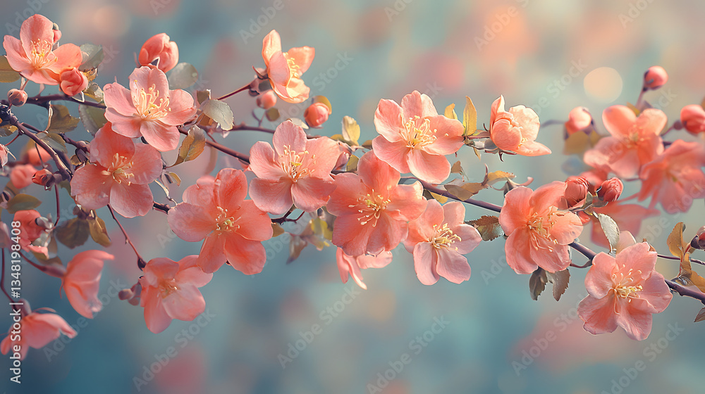 A close-up of a pink flower on a branch against a blurred light background. A close-up of a pink flower on a branch against a blurred light background.