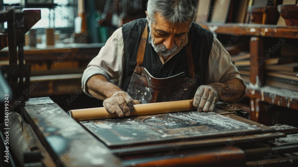 A letterpress artisan working with ink and printing press. A letterpress artisan working with ink and printing press.