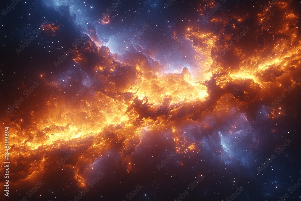 Stunning fiery clouds intertwine amidst a celestial canvas of stars Stunning fiery clouds intertwine amidst a celestial canvas of stars