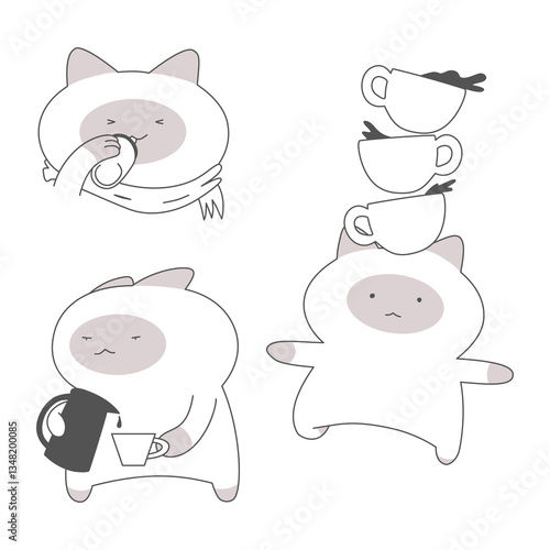 Cartoon Cat Engaged in Café and Coffee Activities