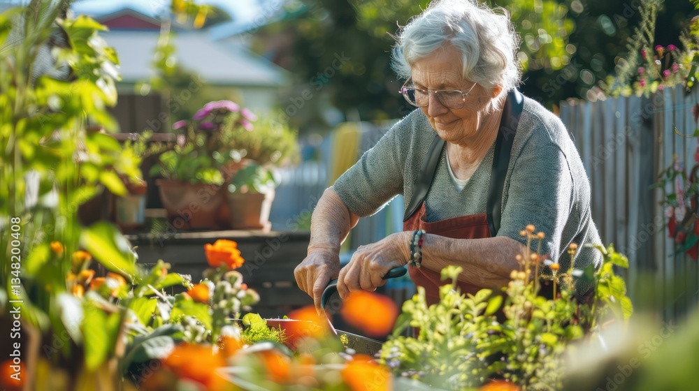 Obraz premium A retiree gardening in their backyard, enjoying the therapeutic benefits of nature.