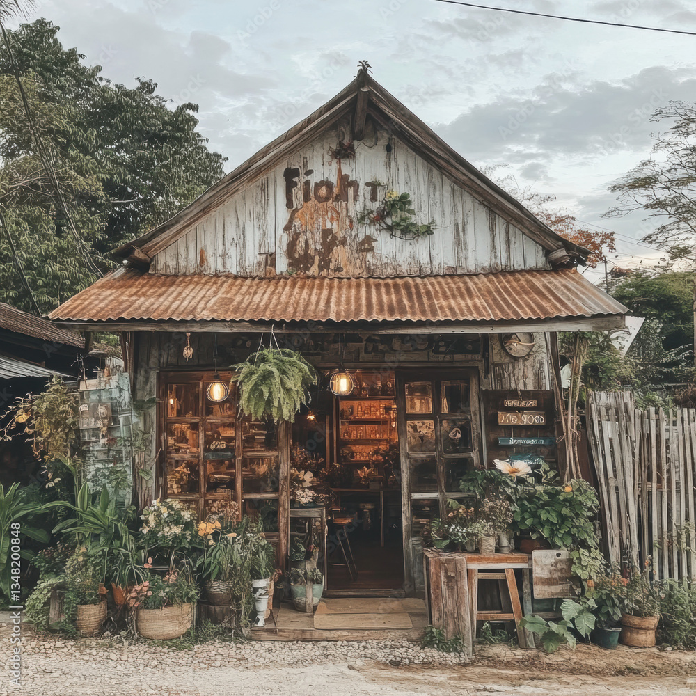 Naklejka premium Old wooden house in the forest surrounded by trees and flowers
