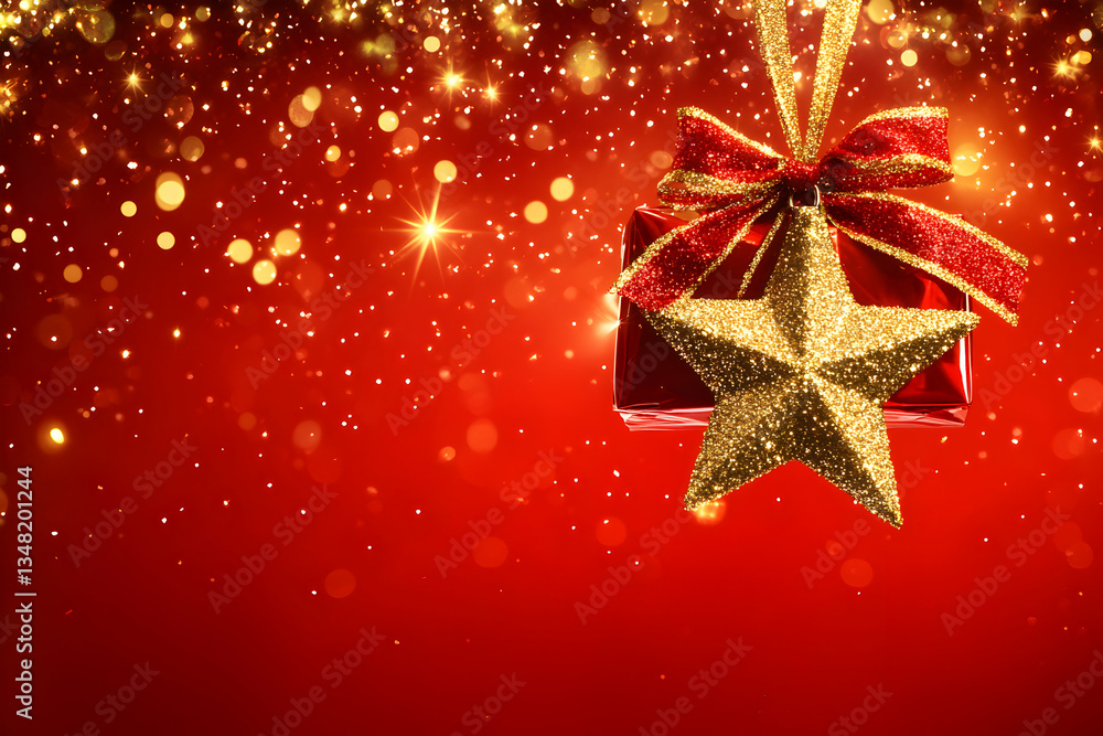 Festive Christmas background featuring a gold glitter star and red gift box with bow, against a red bokeh backdrop. Perfect for holiday greeting cards and seasonal promotions. Festive Christmas background featuring a gold glitter star and red gift box with bow, against a red bokeh backdrop. Perfect for holiday greeting cards and seasonal promotions.