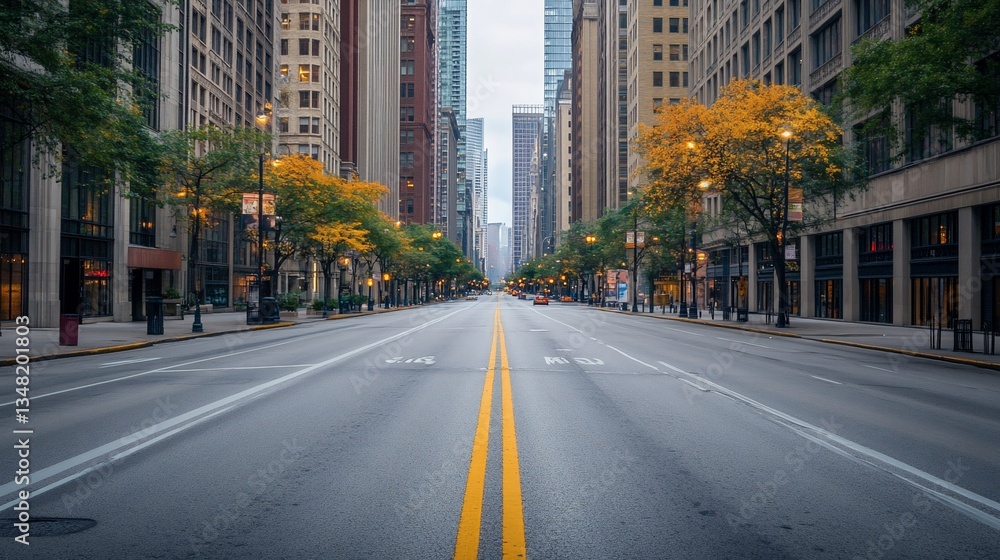 Urban autumn scene: empty Chicago street with golden trees and skyscrapers Urban autumn scene: empty Chicago street with golden trees and skyscrapers