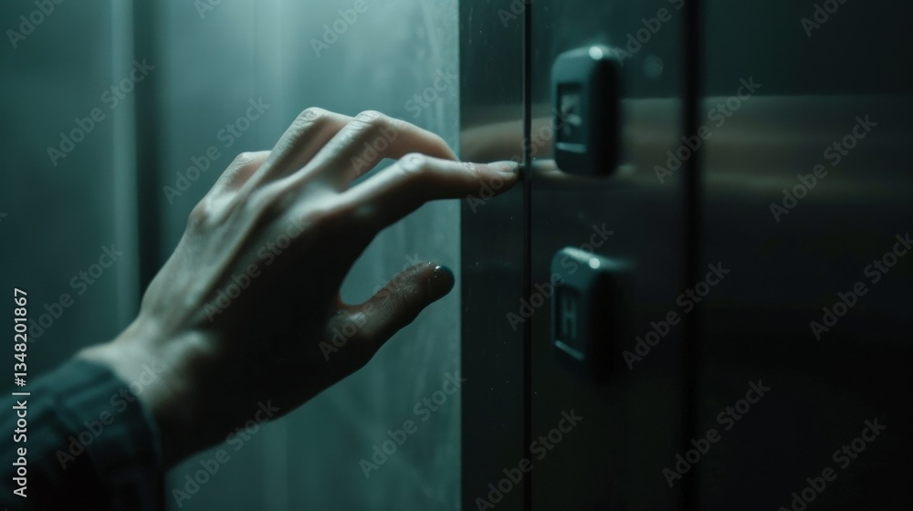 A close-up of fingers pressing a button on an elevator panel. A close-up of fingers pressing a button on an elevator panel.