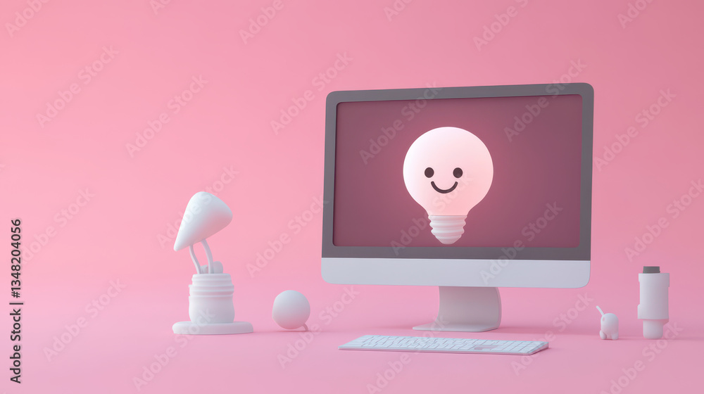 cheerful light bulb character on computer monitor, surrounded by lamp and playful objects, creates fun and inviting workspace cheerful light bulb character on computer monitor, surrounded by lamp and playful objects, creates fun and inviting workspace