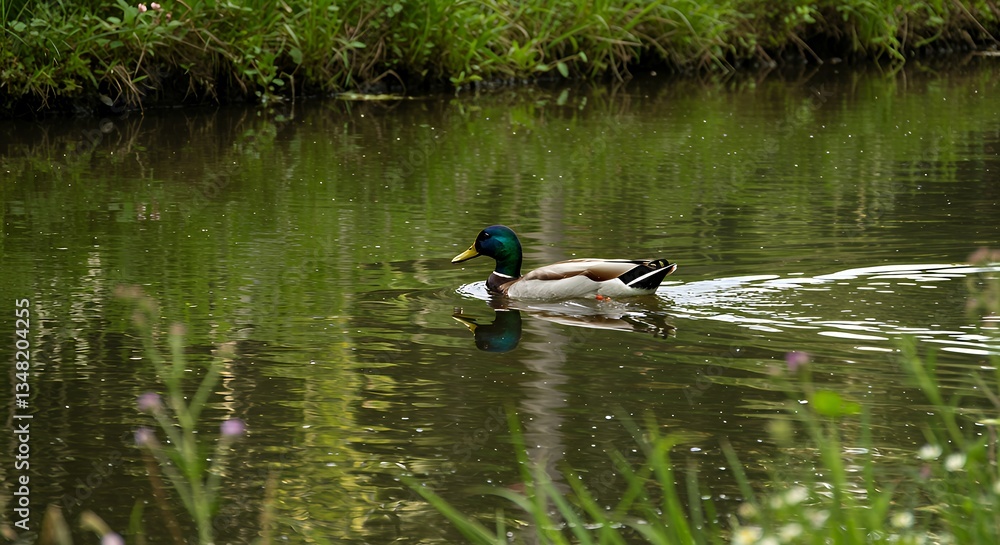 Mallard Duck Swimming in Calm Pond with Greenery Reflections Mallard Duck Swimming in Calm Pond with Greenery Reflections
